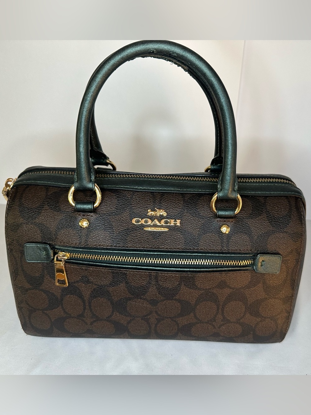 Coach 83607 Brown and Metallic Hunter Green Signature Canvas Rowan Satchel
